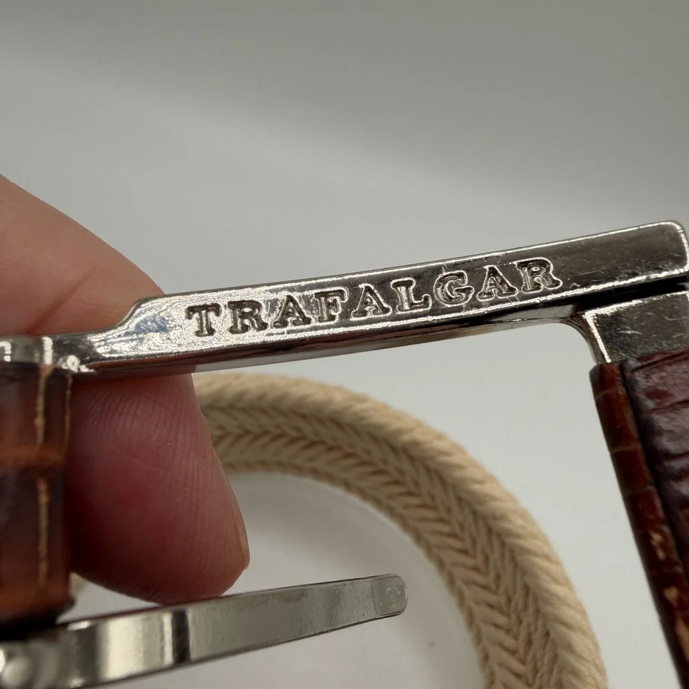 Trafalgar Mens Woven Cotton Rope Belt Lizard Embossed Leather Trim 38 Brown‎ USA